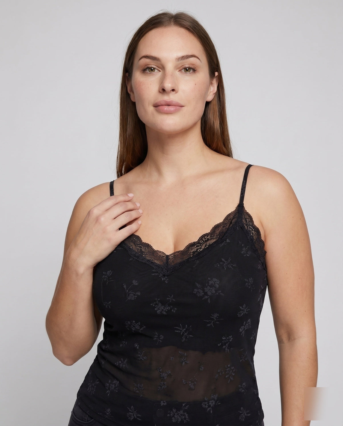 Women's Lace Camisole Top with Elegant Floral Design - Upper Body View
