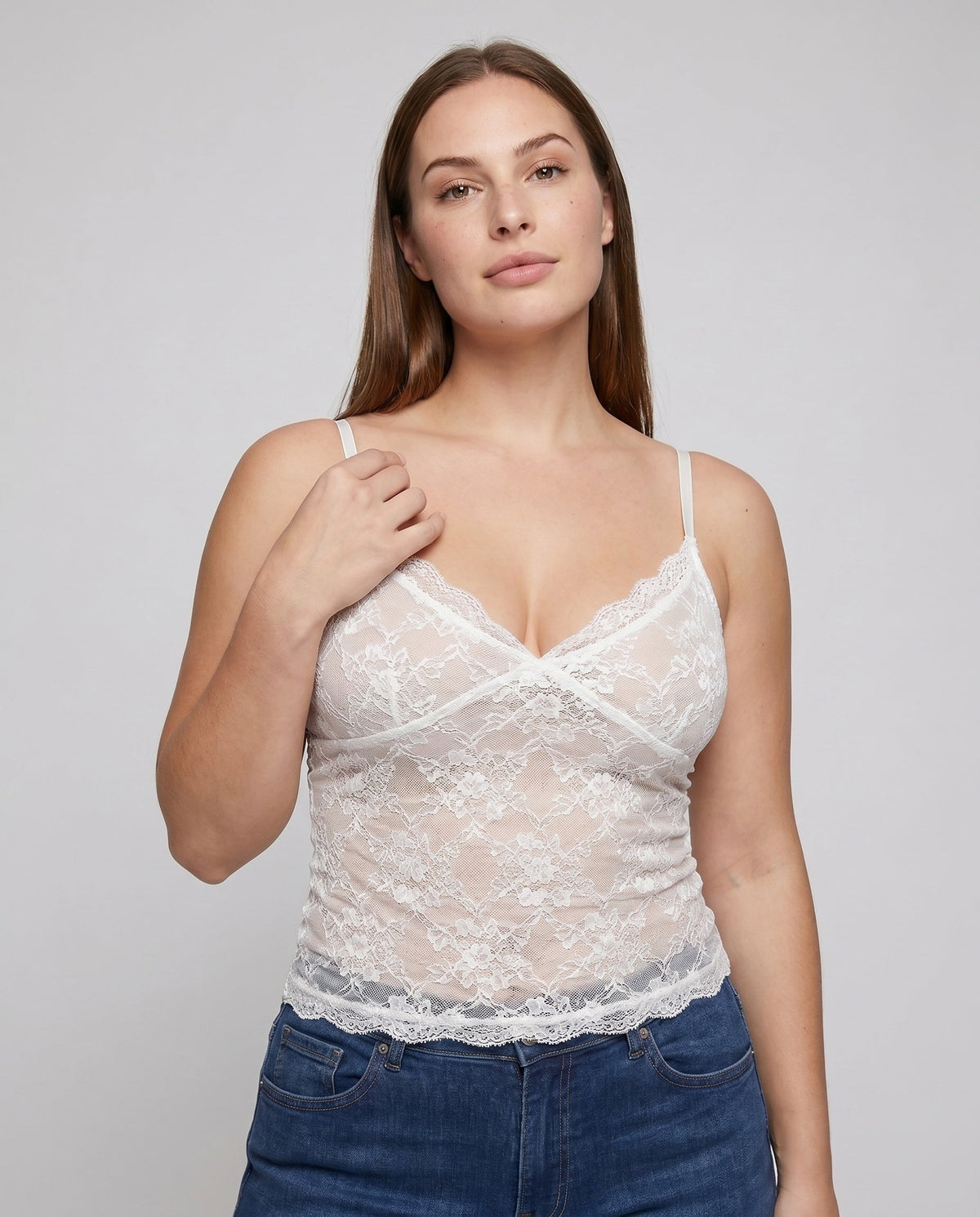 Women's Lace Camisole with Elegant V-Neck - Upper Body View