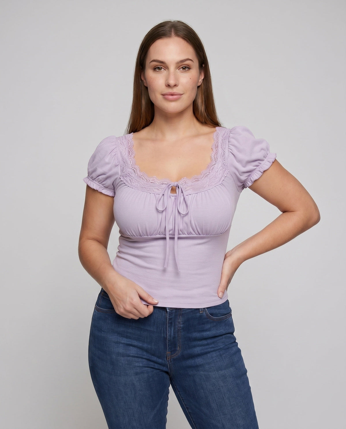 Women's Lace Blouse with Romantic Ruffle Details - Upper Body View