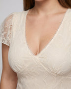 Women's Lace Blouse with Ruffle Details and Elegant V-Neck - Close-Up Detail