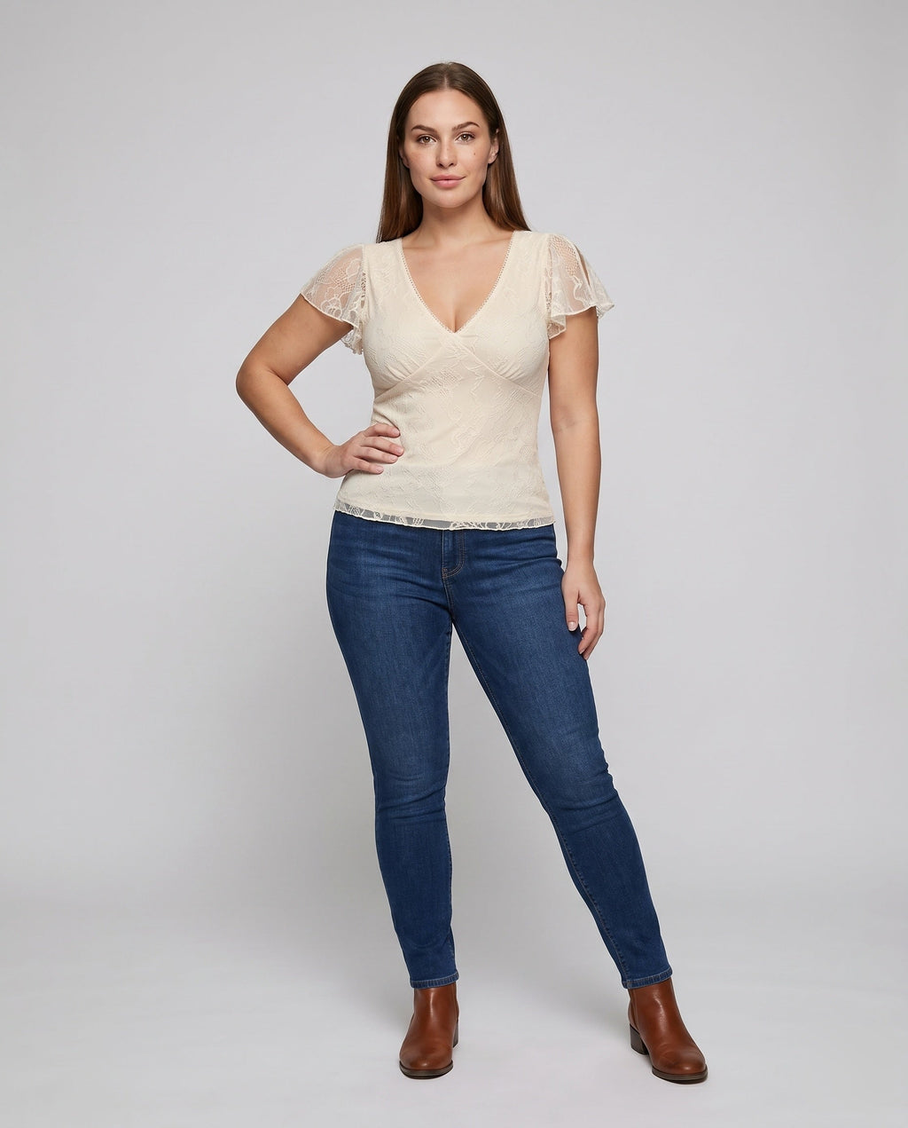 Women's Lace Blouse with Ruffle Details and Elegant V-Neck - Front View