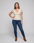 Women's Lace Blouse with Ruffle Details and Elegant V-Neck - Front View
