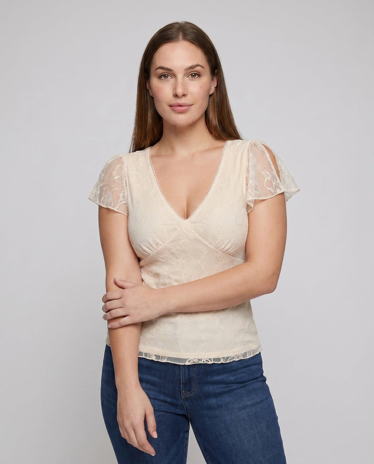 Women's Lace Blouse with Ruffle Details and Elegant V-Neck - Upper Body View