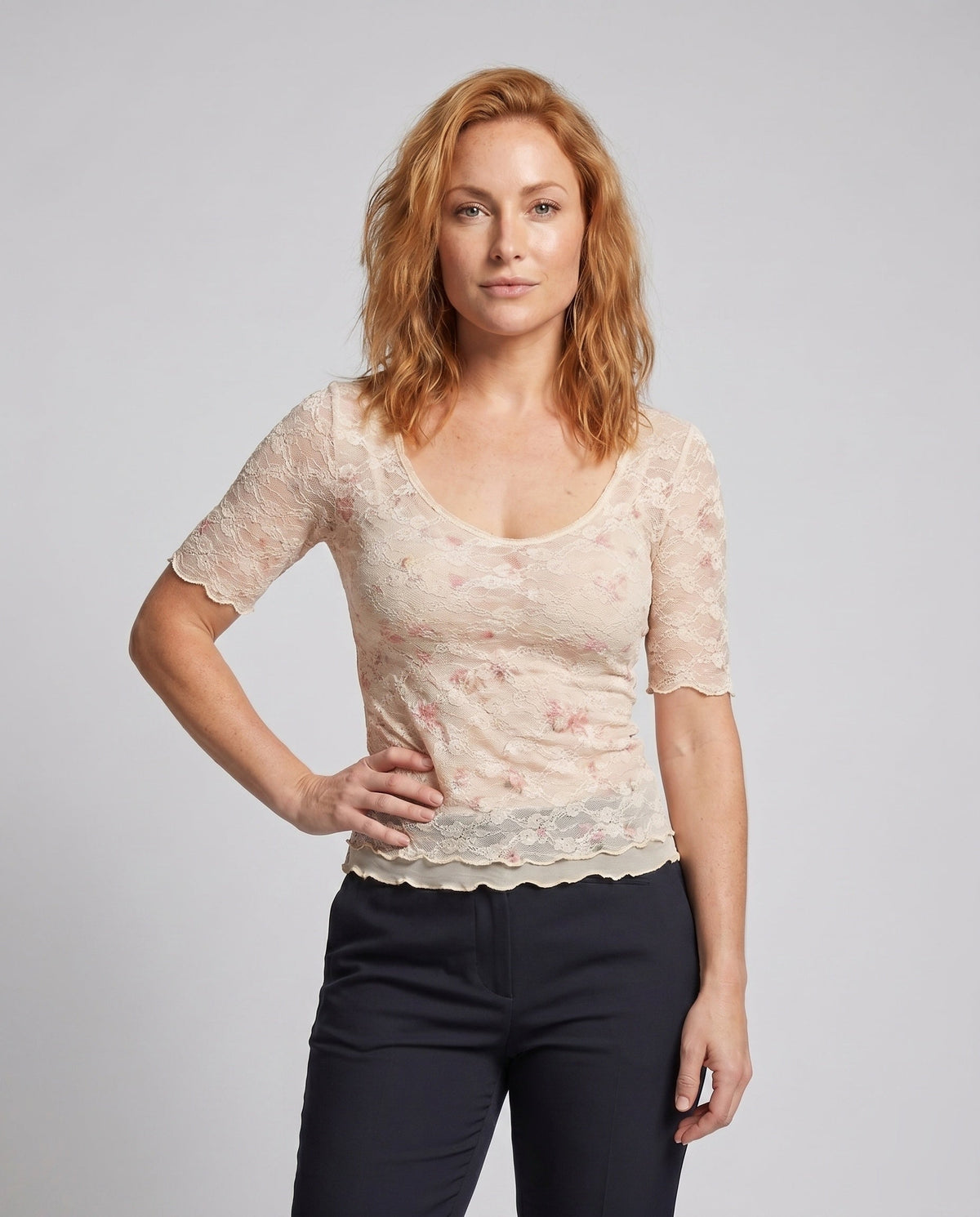 Women's Lace Dress with Delicate Floral Details - Upper Body View