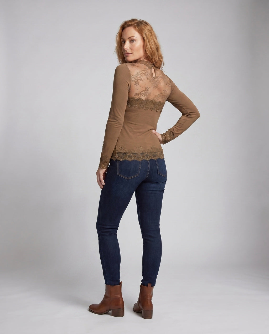 Women's Lace Top with Elegant Long Sleeve Design - Back View