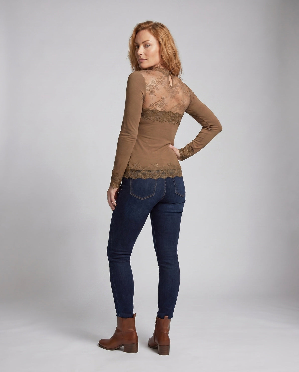 Women's Lace Top with Elegant Long Sleeve Design - Back View