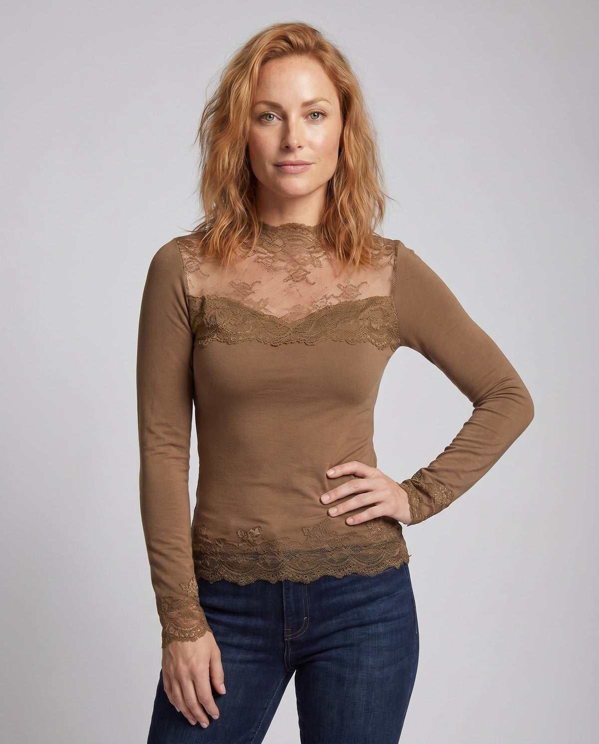 Women's Lace Top with Elegant Long Sleeve Design - Upper Body View