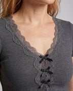 Women's Lace Top with Romantic Ruffle Details and Deep V-Neck - Close-Up Detail
