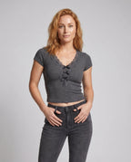 Women's Lace Top with Romantic Ruffle Details and Deep V-Neck - Upper Body View