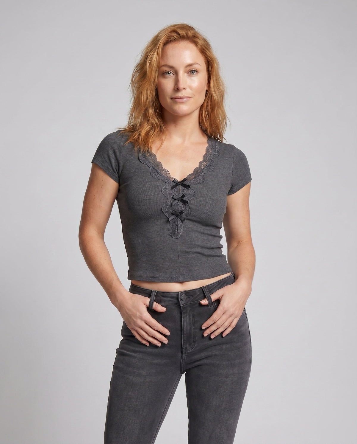 Women's Lace Top with Romantic Ruffle Details and Deep V-Neck - Upper Body View