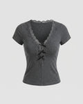 Women's Lace Top with Romantic Ruffle Details and Deep V-Neck