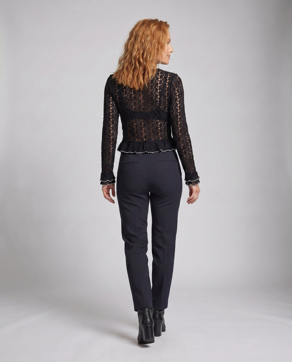 Women's Lace Top with Ruffle Details and Elegant V-Neck - Back View