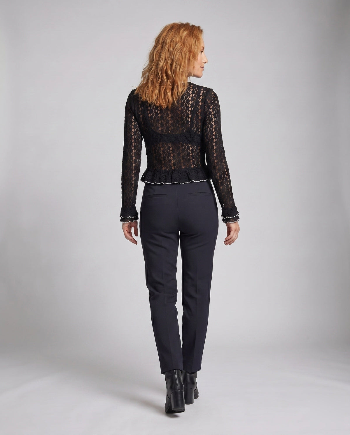 Women's Lace Top with Ruffle Details and Elegant V-Neck - Back View