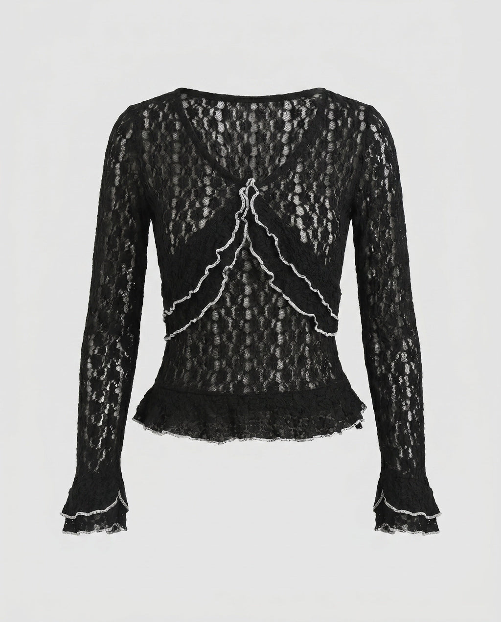 Women's Lace Top with Ruffle Details and Elegant V-Neck