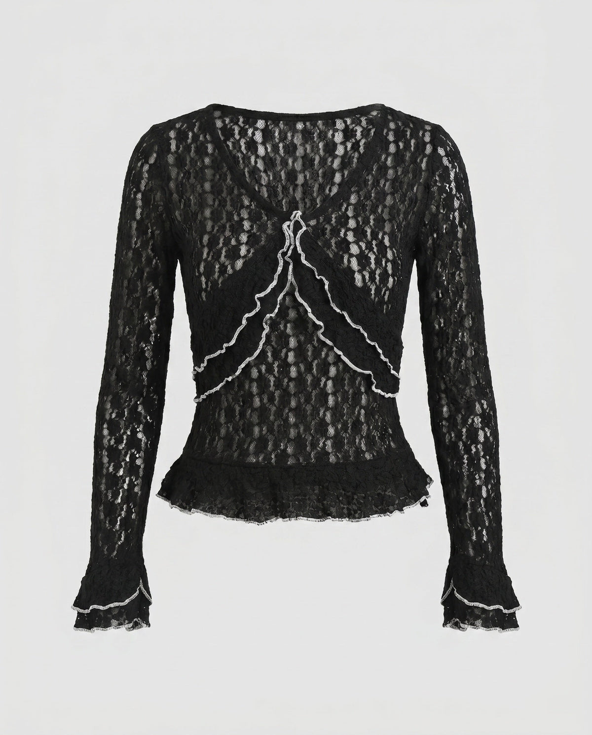 Women's Lace Top with Ruffle Details and Elegant V-Neck