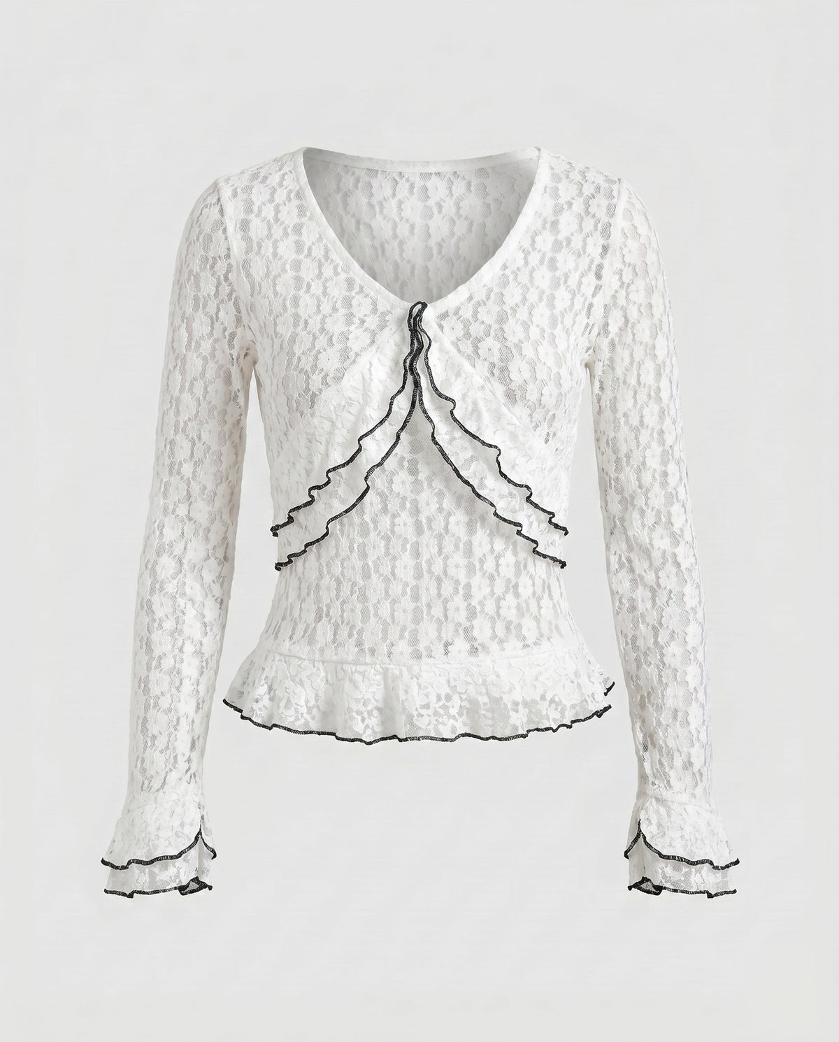 Women's Lace Top with Ruffle Details and Elegant V-Neck