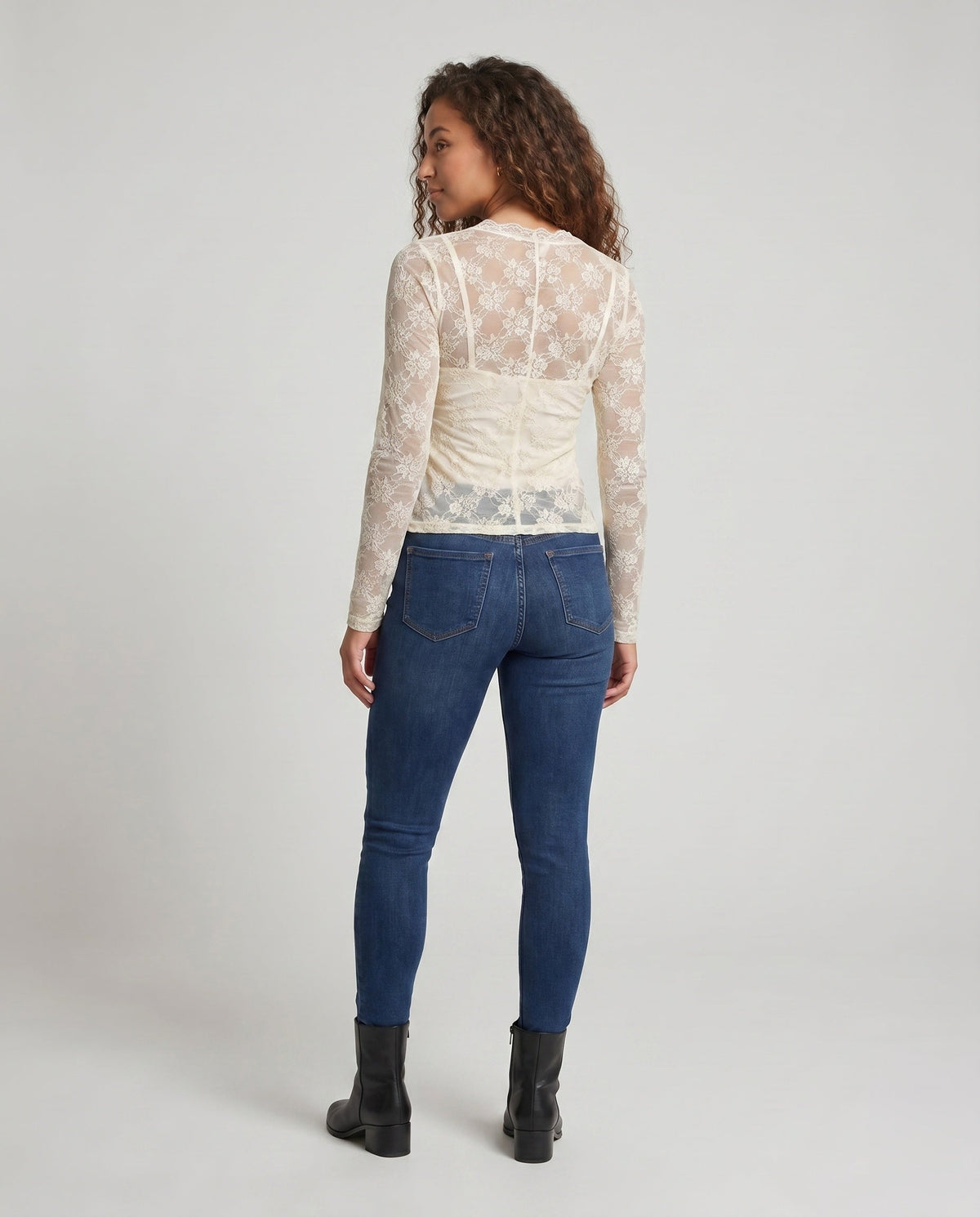 Women's Lace Top with Deep V-Neck and Elegant Ruffle Details - Back View