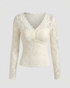 Women's Lace Top with Deep V-Neck and Elegant Ruffle Details