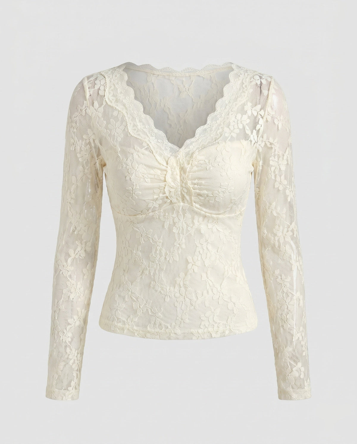 Women's Lace Top with Deep V-Neck and Elegant Ruffle Details