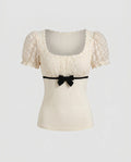 Women's Lace Top with Voluminous Ruffle Edges and an Elegant Waistband