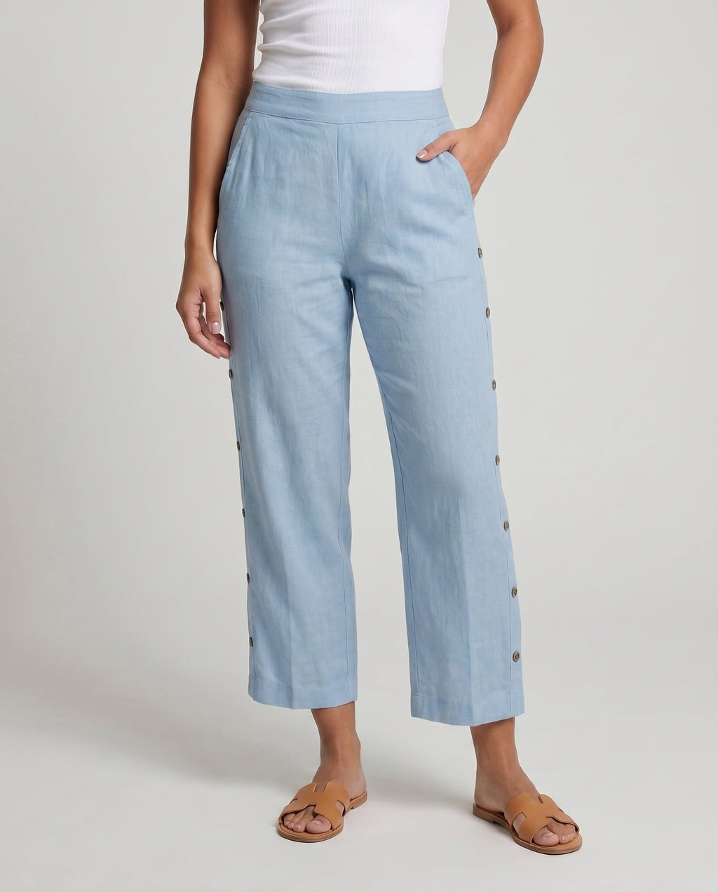 Women's Comfortable Summer Pants with Side Button Details - Lower Body View
