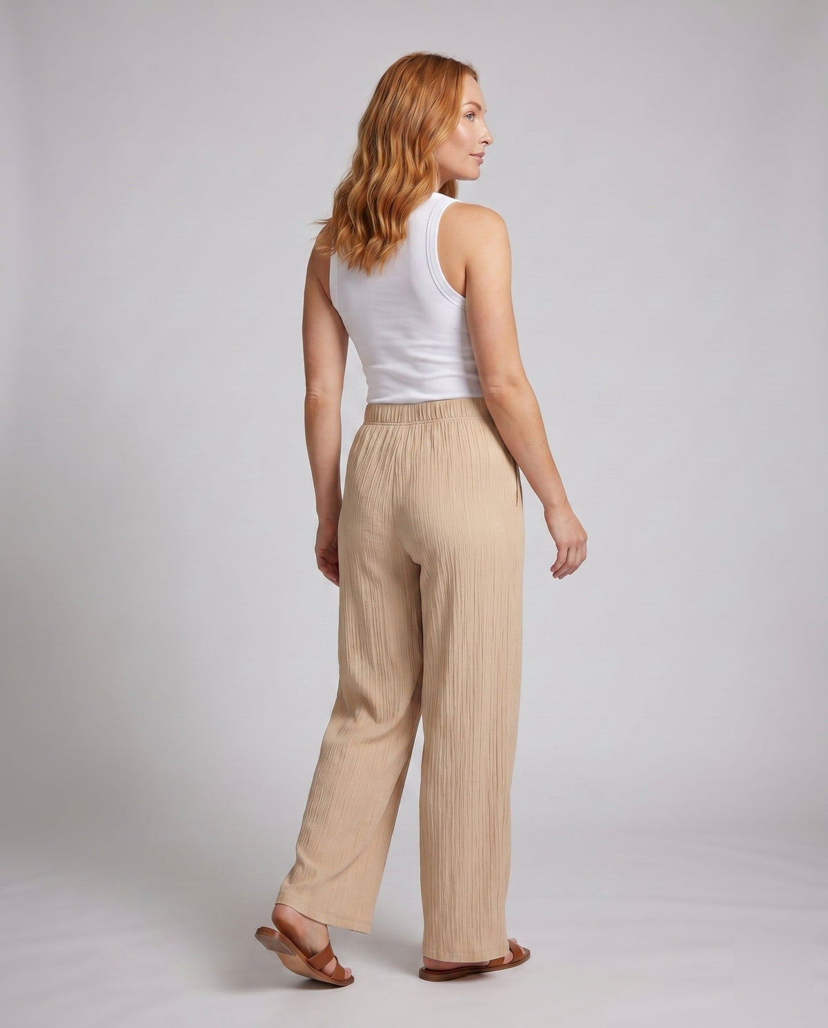 Women's Wide Pleated Trousers with Elastic Waistband, Striped Design - Back View