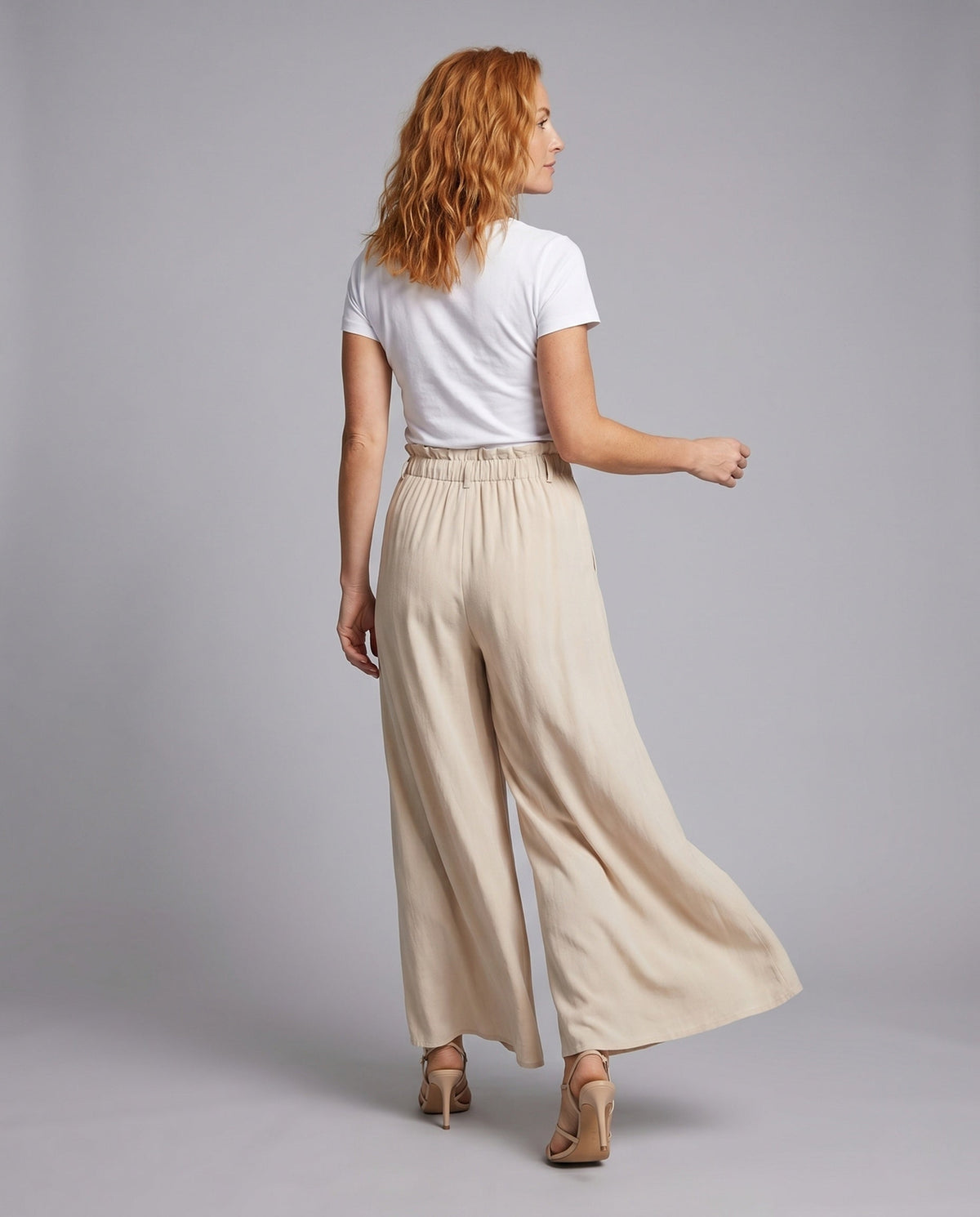 Women's Wide Fabric Trousers with Elastic Waistband and Gathers - Back View