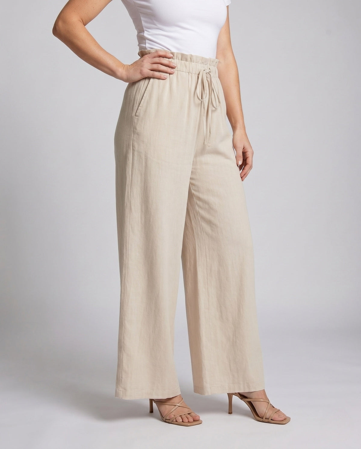 Women's Wide Fabric Trousers with Elastic Waistband and Gathers - Lower Body View