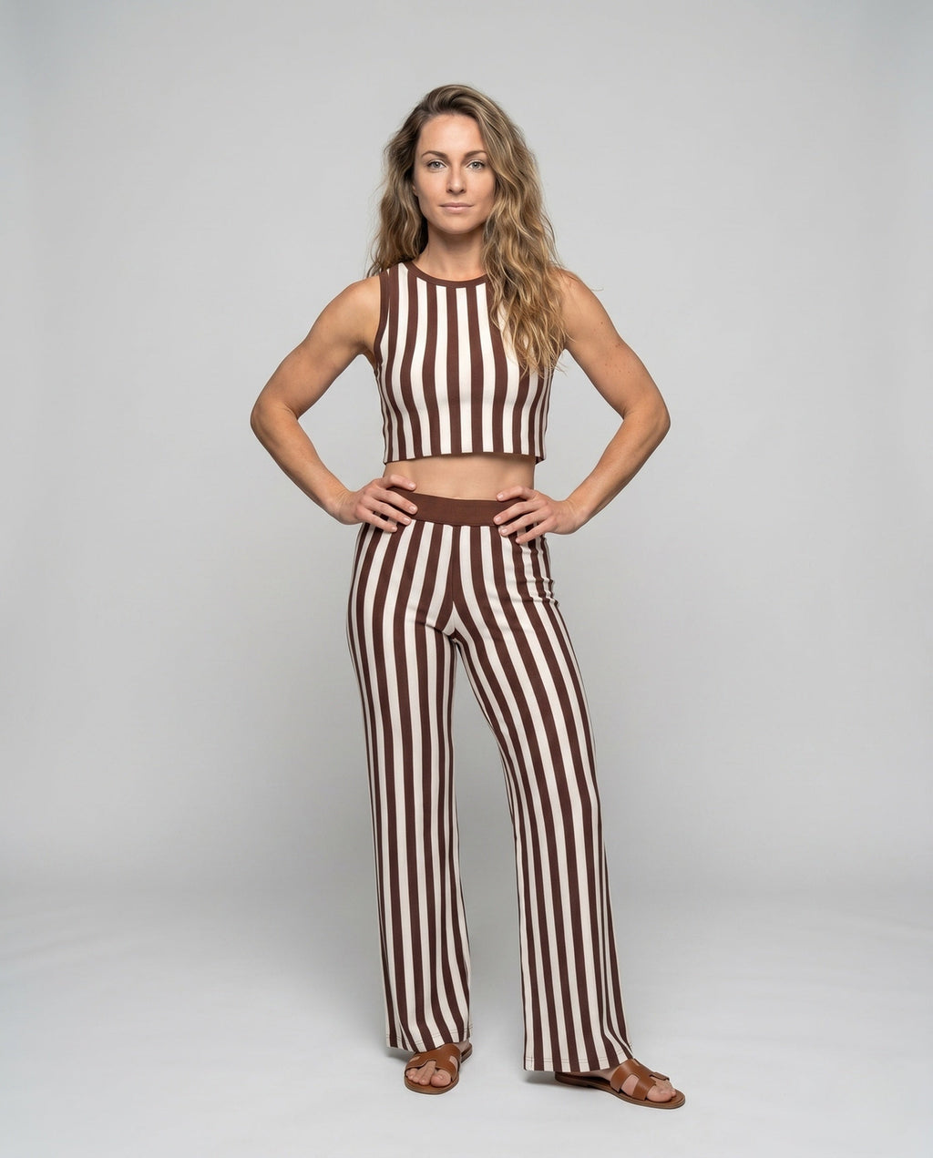 Women's Casual Two-Piece Set with Stripe Pattern - Front View