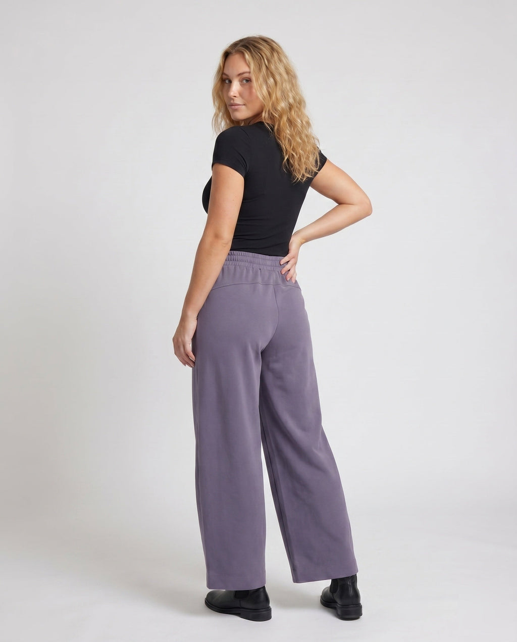 Women's Culotte Sweatpants with High Ribbed Waistband, Drawstring - Back View