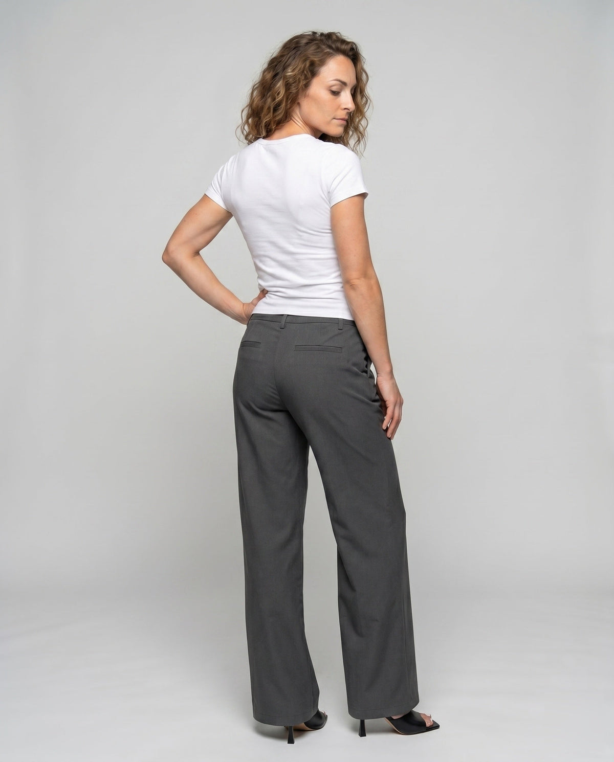 Women's Elegant Palazzo Pants with Curved Waistband, Belt Loops - Back View