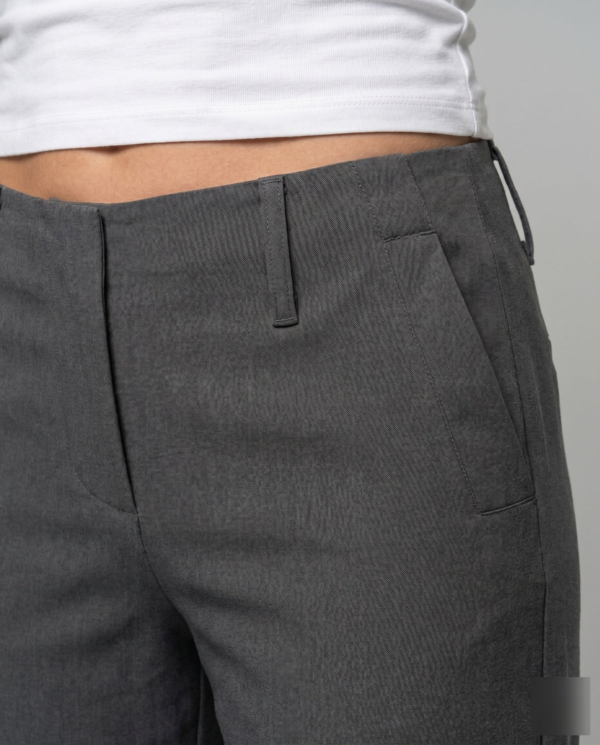 Women's Elegant Palazzo Pants with Curved Waistband, Belt Loops - Close-Up Detail