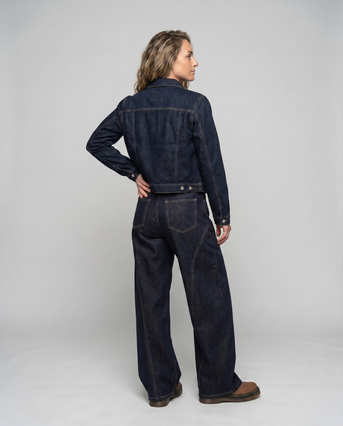 Women's High-Cut Extra Wide Jeans Pants with Striking Decorative Seams - Back View
