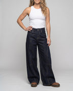 Women's High-Cut Extra Wide Jeans Pants with Striking Decorative Seams - Lower Body View
