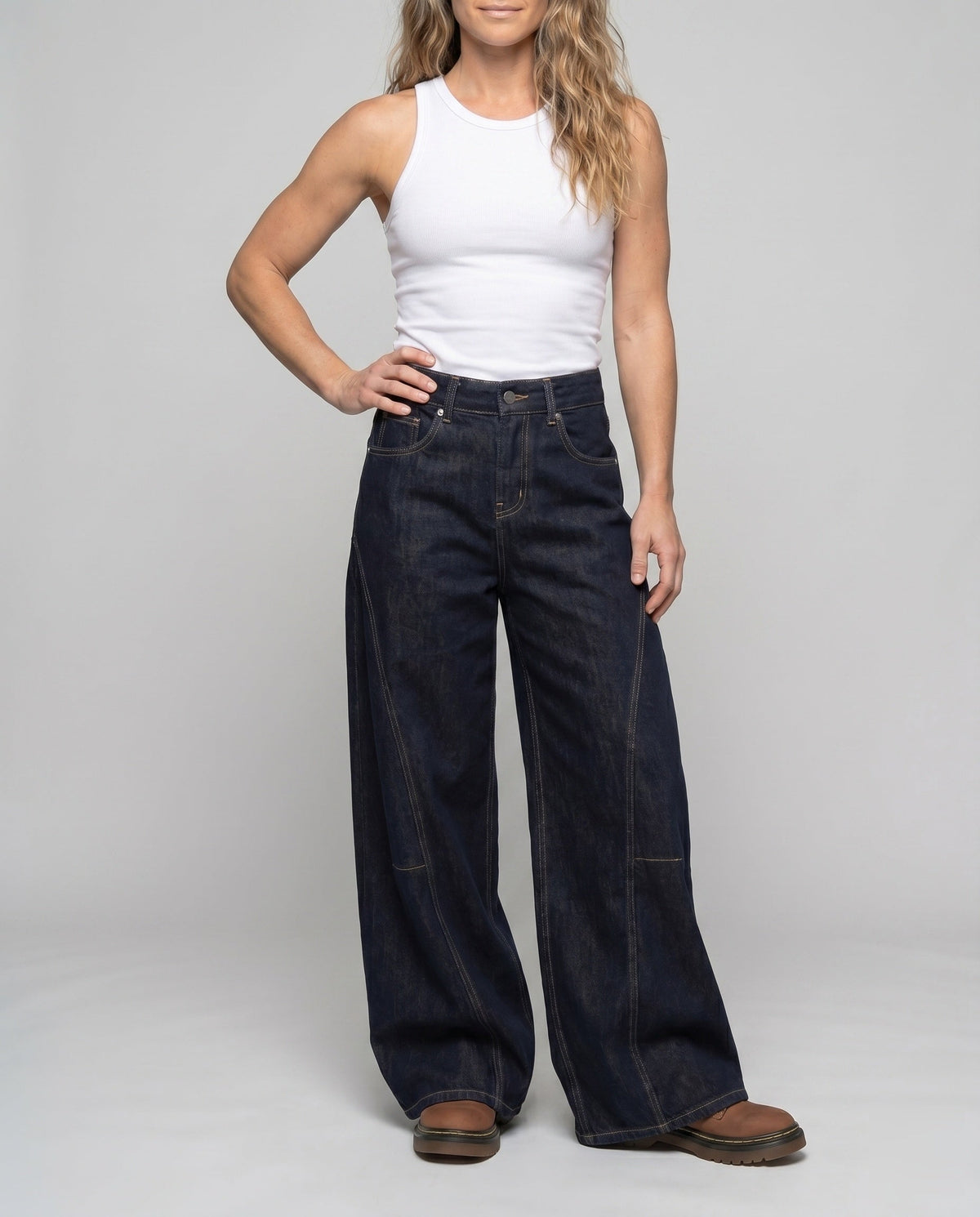 Women's High-Cut Extra Wide Jeans Pants with Striking Decorative Seams - Lower Body View