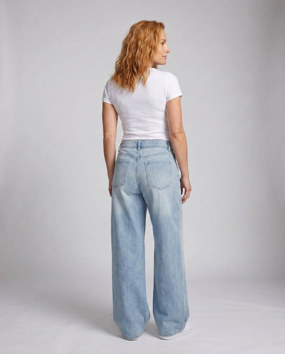Women's High-Cut Ultra-Wide Balloon-Cut Jeans with Visible Seam Panels - Back View