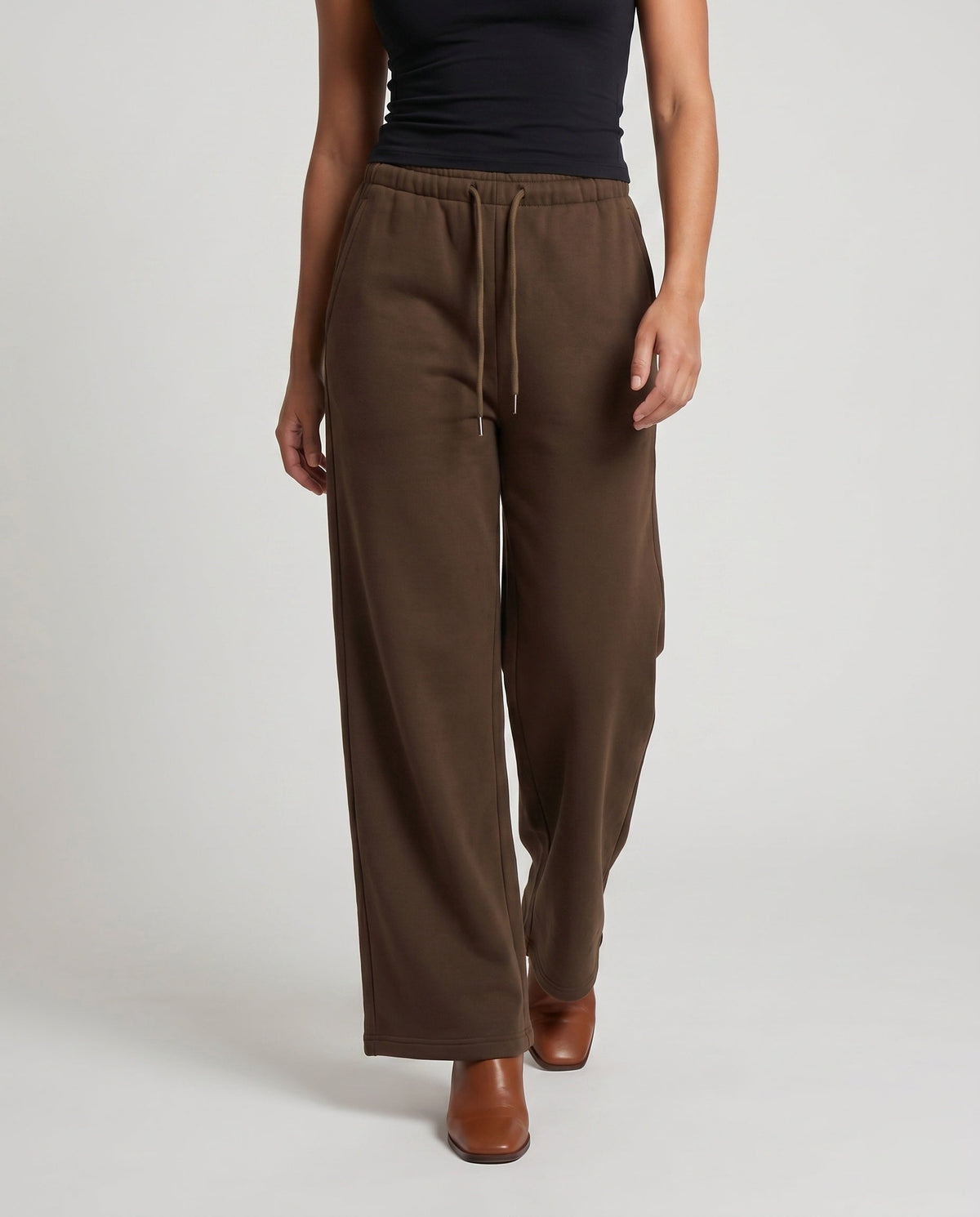 Women's High-Waisted Wide Jogging Pants with Drawstring Front Seam - Lower Body View
