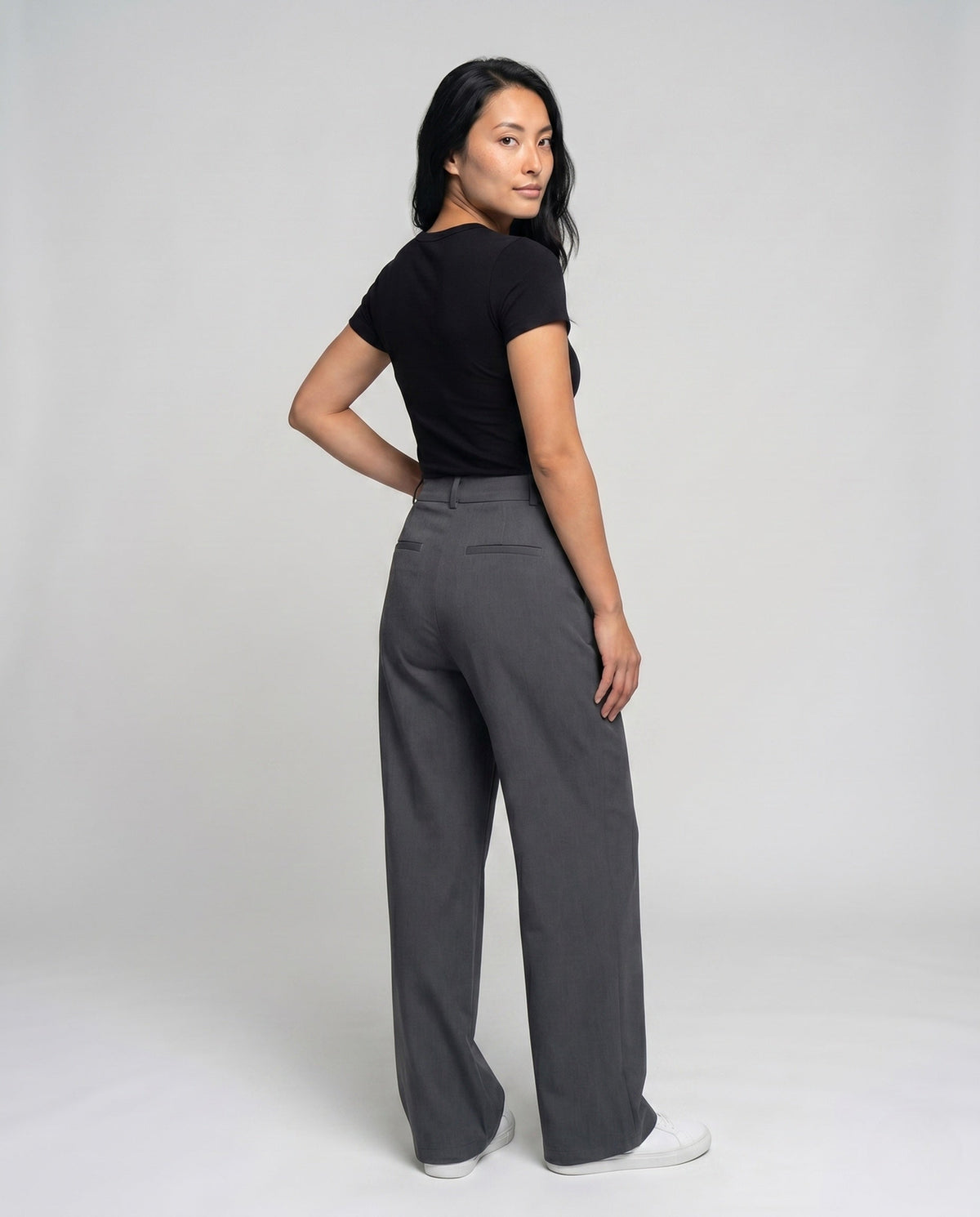 Women's High-Waisted Suit Pants with Wide Legs, Crease, Piped Pockets - Back View