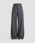 Women's High-Waisted Suit Pants with Wide Legs, Crease, Piped Pockets