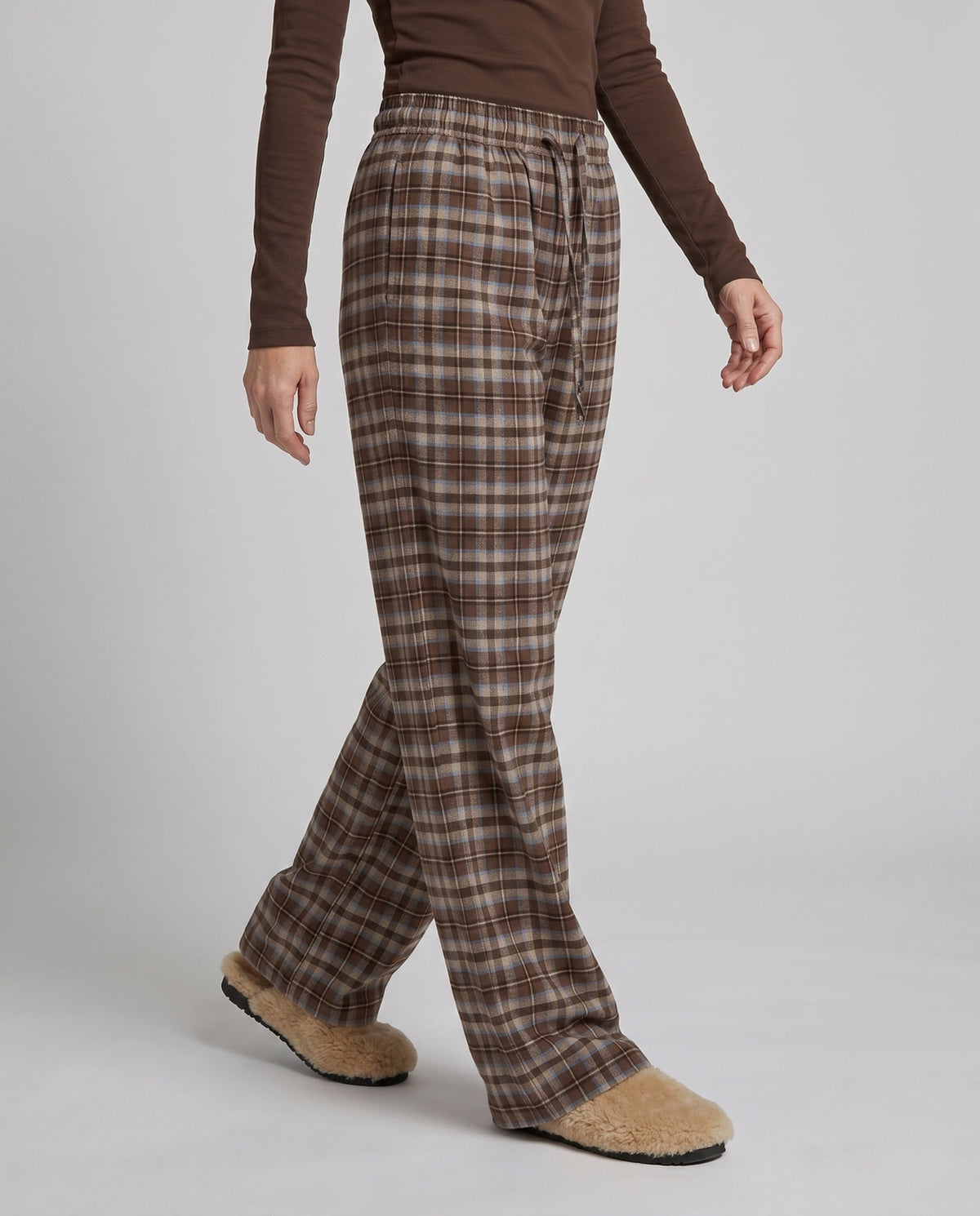 Women's Wide Checked Lounge Pants with Elastic Waistband, Drawstring - Lower Body View