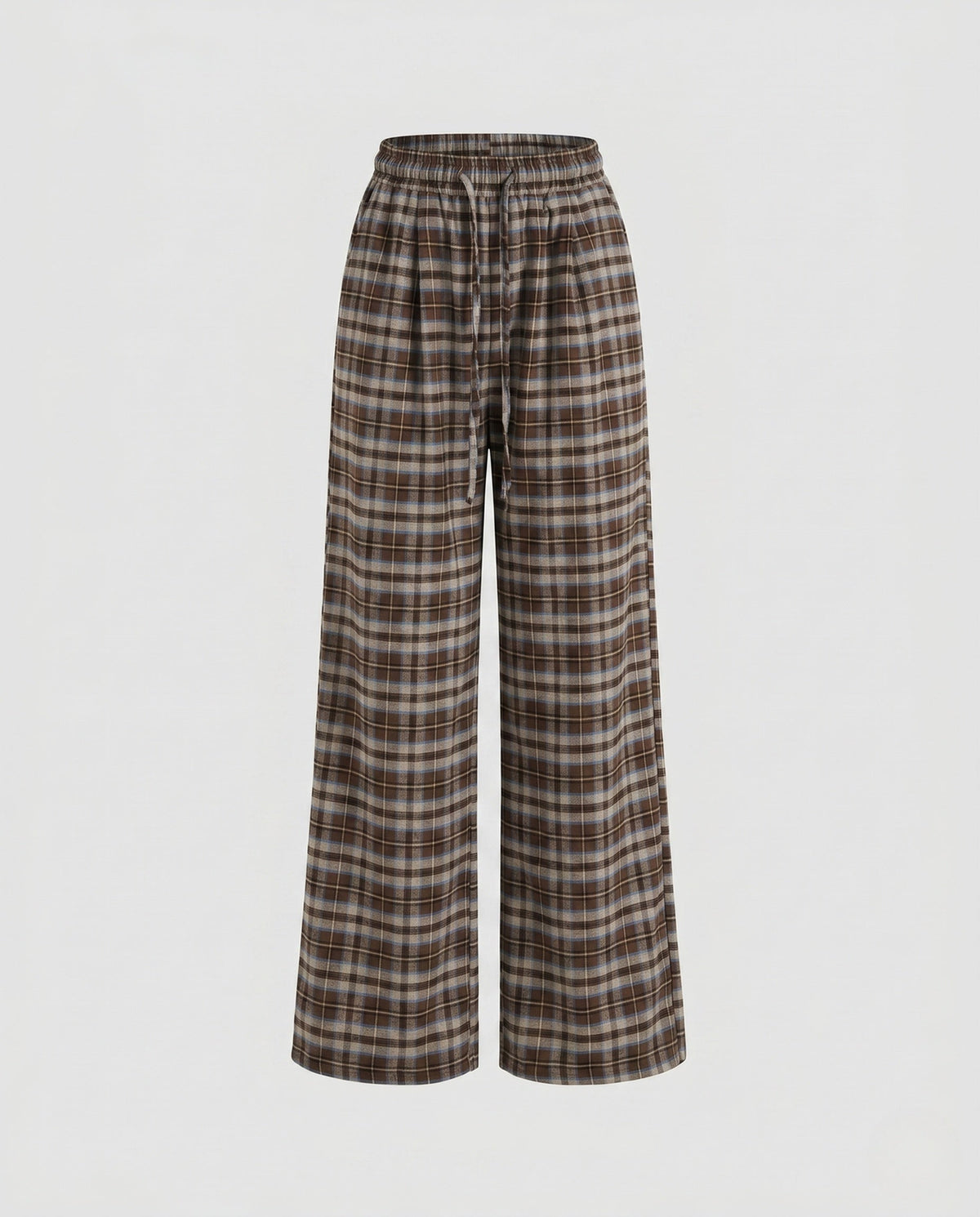 Women's Wide Checked Lounge Pants with Elastic Waistband, Drawstring