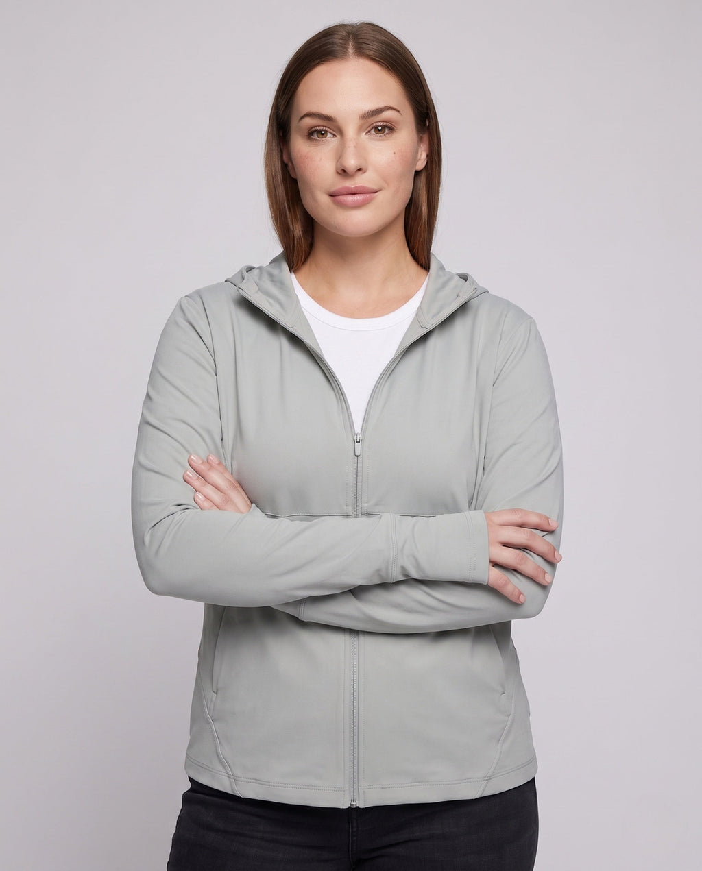 Women's Technical Sports Jacket with Hood and Breathable Inserts - Upper Body View