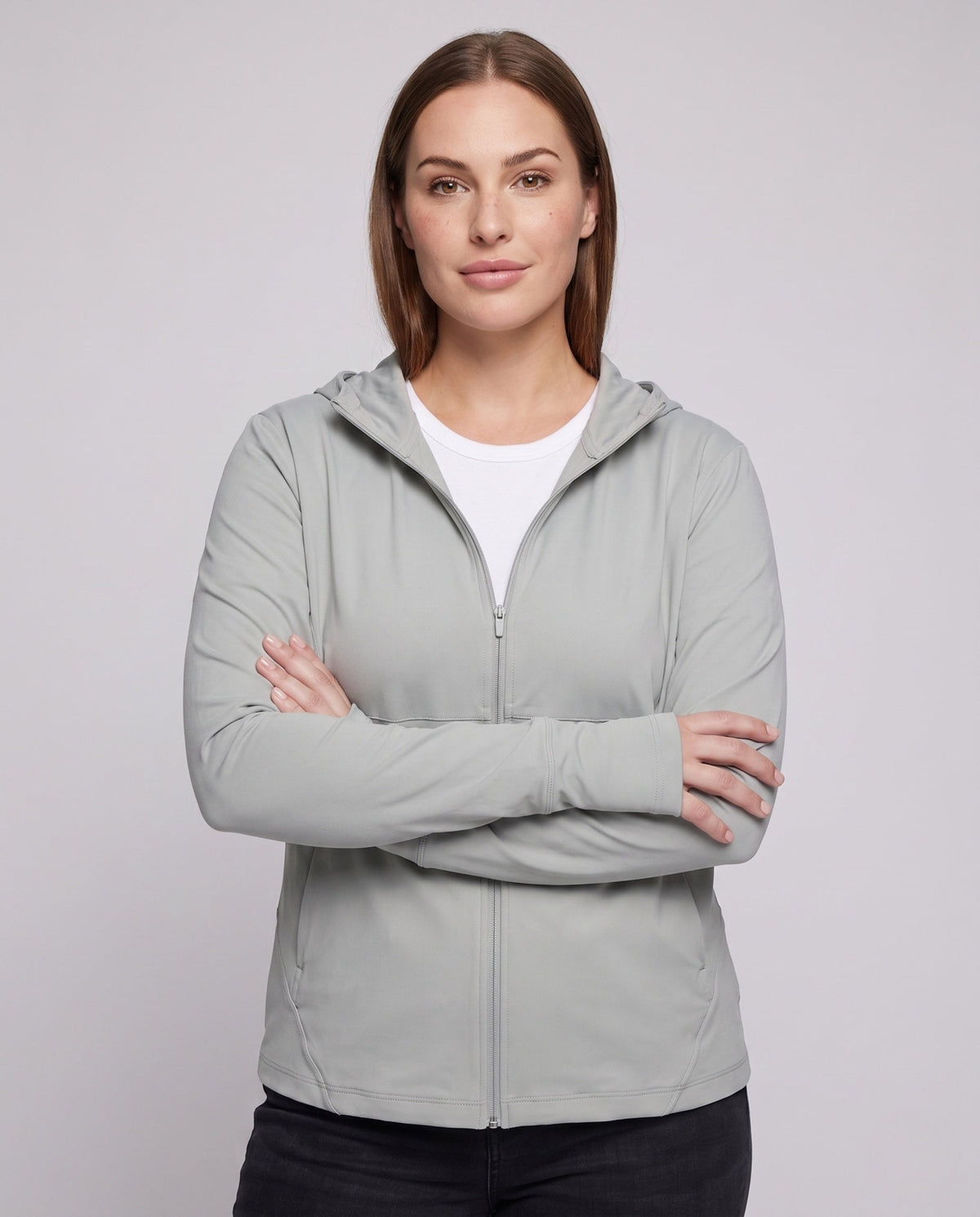 Women's Technical Sports Jacket with Hood and Breathable Inserts - Upper Body View