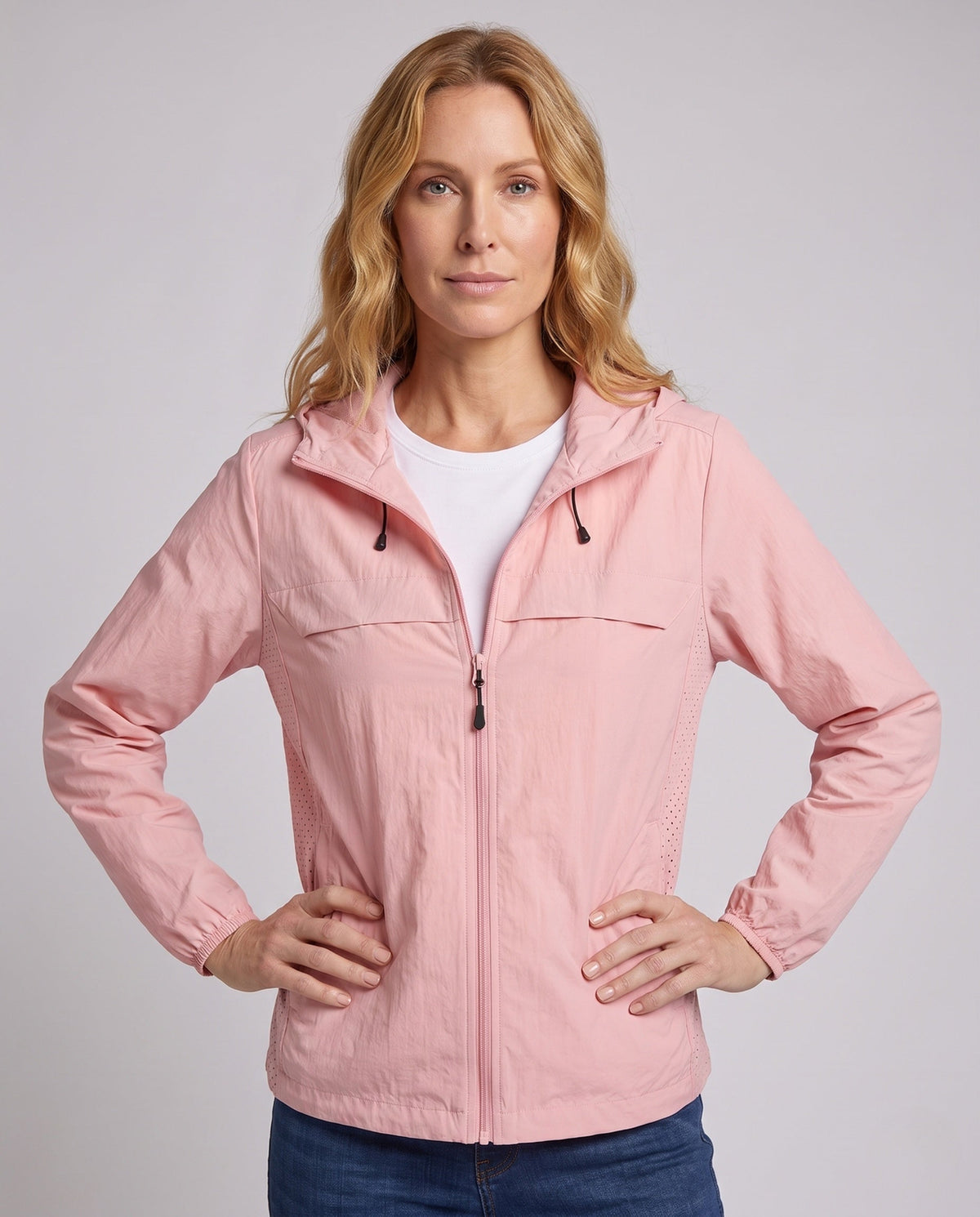 Women's Technical Windbreaker Jacket with Adjustable Hood - Upper Body View