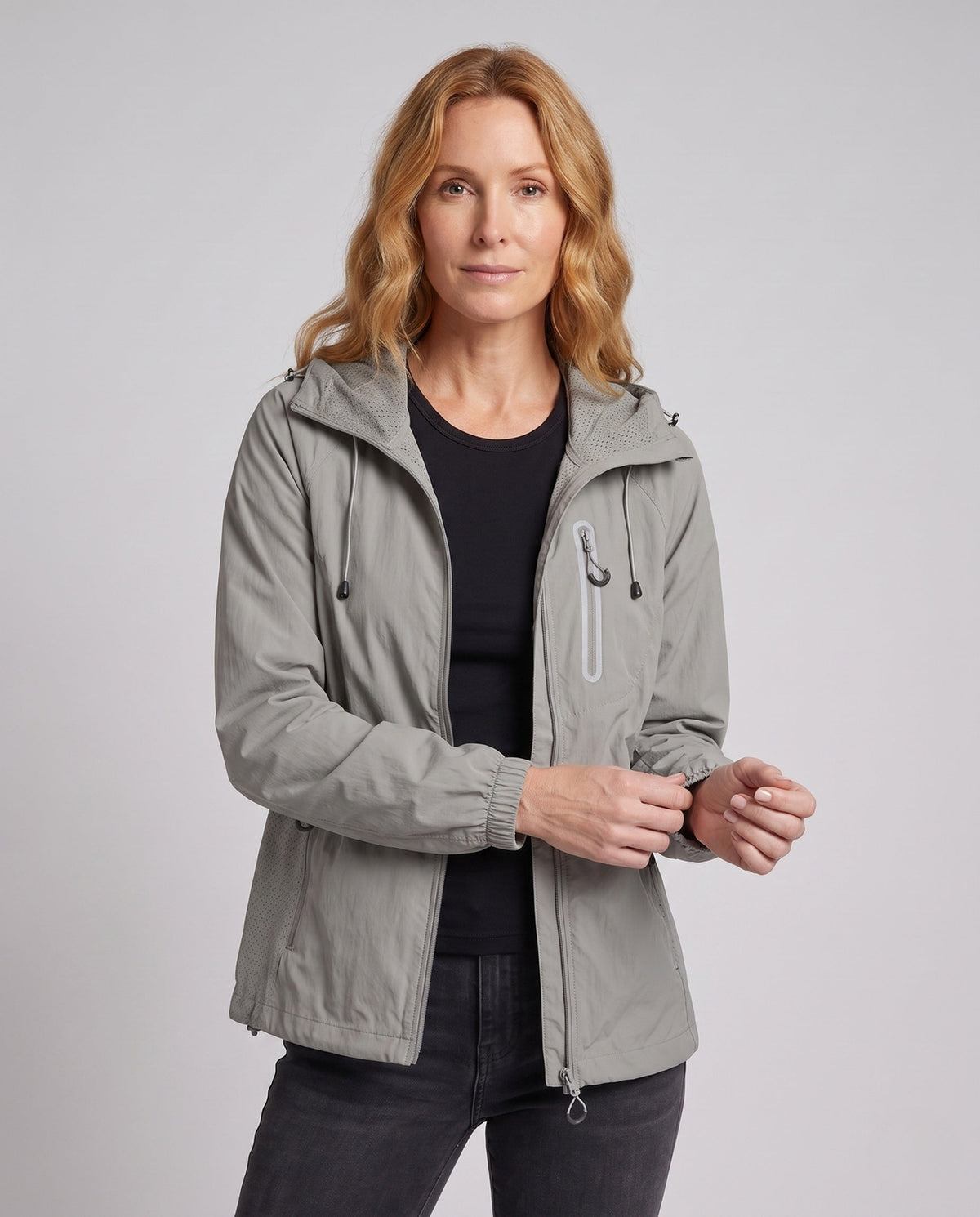 Women's Ultra-Light Functional Jacket with Adjustable Hood Collar - Upper Body View