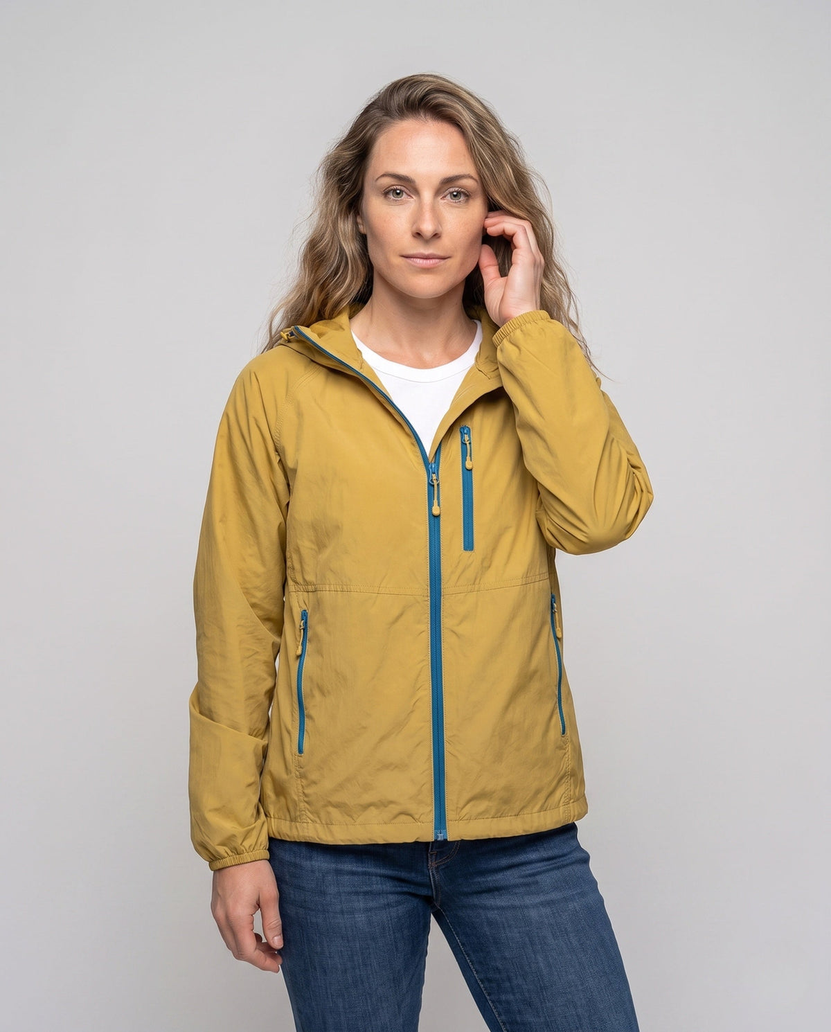 Women's Waterproof Lightweight Jacket with Functional Zipper Pockets - Upper Body View