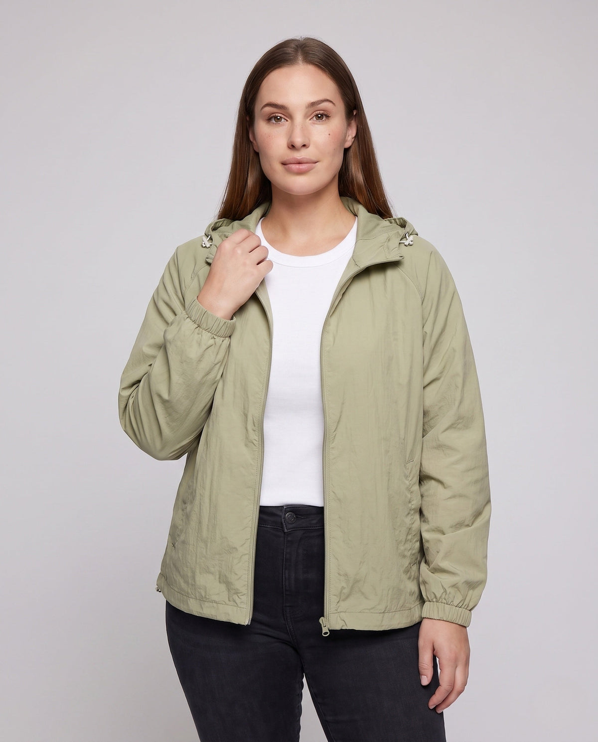 Women's Lightweight Outdoor Jacket with Adjustable Hood - Upper Body View