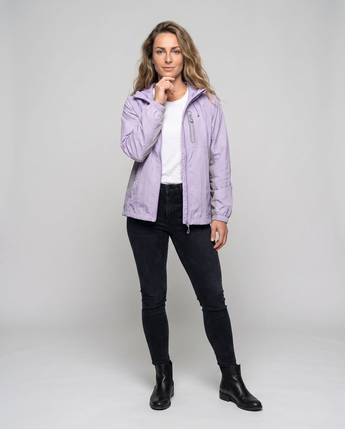 Women's Lightweight Sports Jacket with Adjustable Hood Area - Front View