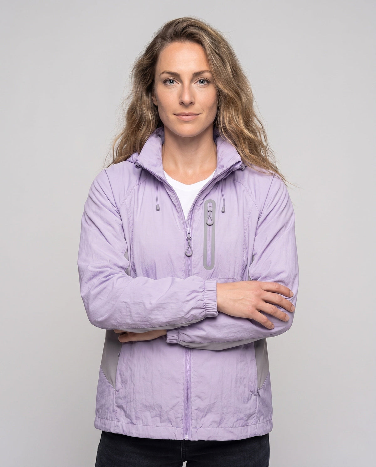 Women's Lightweight Sports Jacket with Adjustable Hood Area - Upper Body View