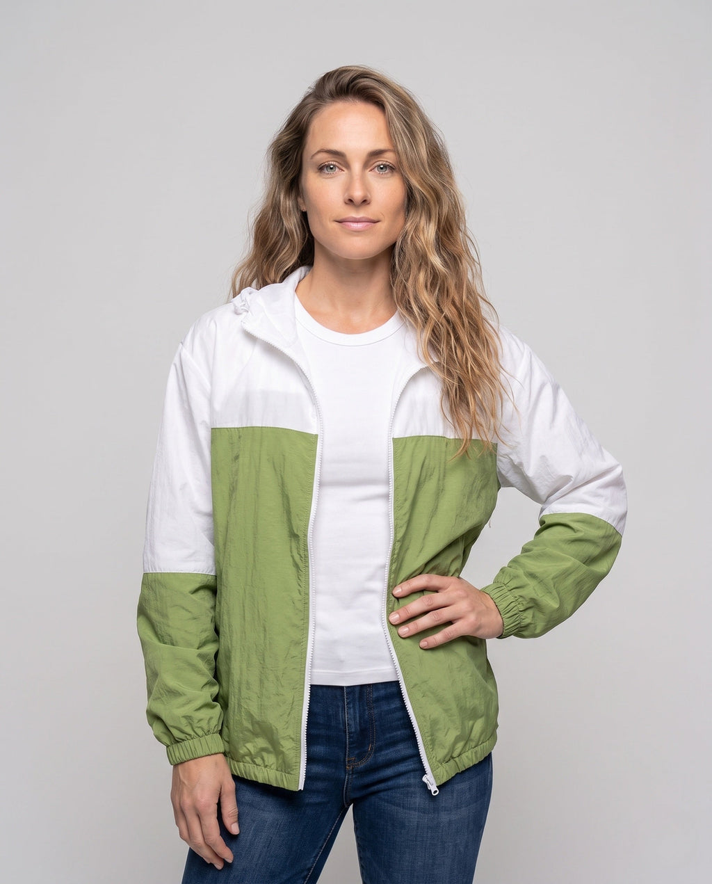 Women's Lightweight Transition Jacket with Adjustable Hood - Upper Body View